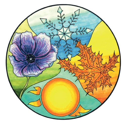 A circular illustration featuring a purple flower, a snowflake, an orange maple leaf, a yellow sun, and a colorful background with sections of blue, green, and yellow.